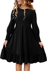 Yoklass Girls Smocked Dress Casual Puff Long Sleeve Ruffle Neck Dresses 4-13 Years