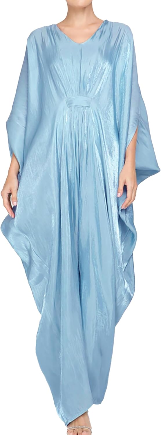 Panegy Women's Shiny Long Dress V-Neck Batwing Sleeve Kaftan Dress Solid Ethnic Maxi Robe