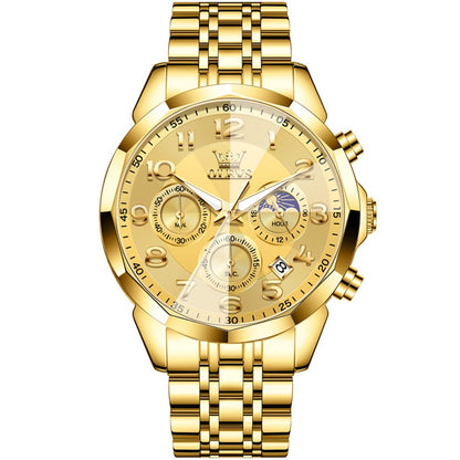 OLEVS Watches Men Luxury Chronograph Moon Phase Waterproof Luminous Watches for Men Analog Quartz Calendar Stainless Steel Strap Wrist Watches-(Black/Blue/Gold/Grey/Silver Face)