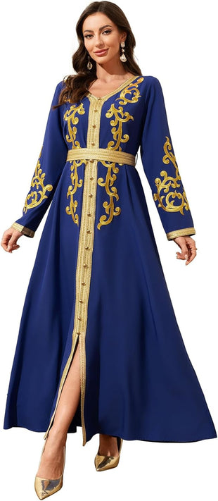 Middle Eastern Modest Maxi Dress - Muslim Moroccan Kaftan Abaya for Women Gold Embroidered Eid Dress Islamic Traditional Wear