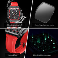 OLEVS Watches Men Chronograph Waterproof Rectangle Face Moon Phase Watches for Men Luminous Quartz Calendar Mens Wrist Watch - Silicon Strap