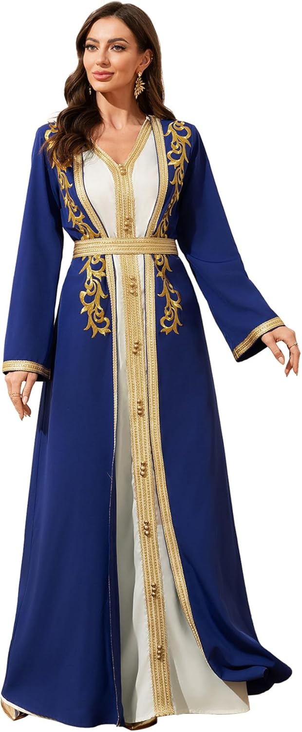 Elegant Muslim Dress with Gold Embroidered Evening Gown, Traditional Islamic Attire