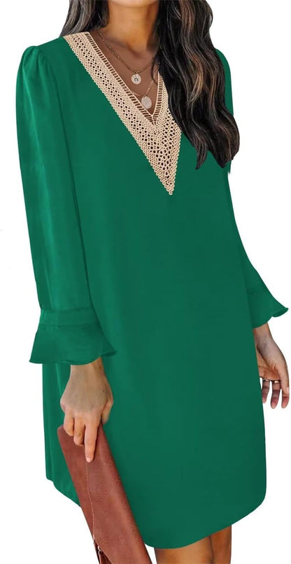 QACOHU Fall Dresses for Women 2025 Casual V Neck Long Sleeves Flowy Mini Tunic Dress