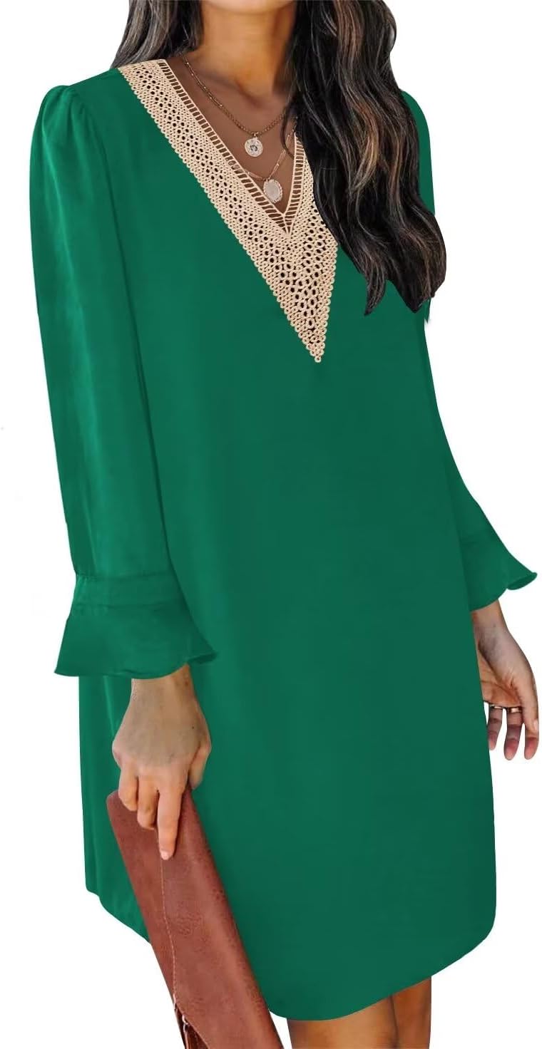 QACOHU Fall Dresses for Women 2025 Casual V Neck Long Sleeves Flowy Mini Tunic Dress