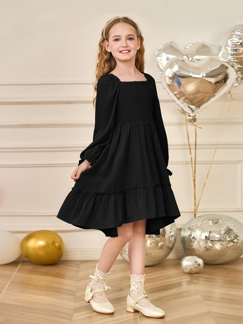 Haloumoning Girls Lantern Long Sleeve Dresses Kids Square Neck High Low Hem Smocked Fall Dress 5-14 Years