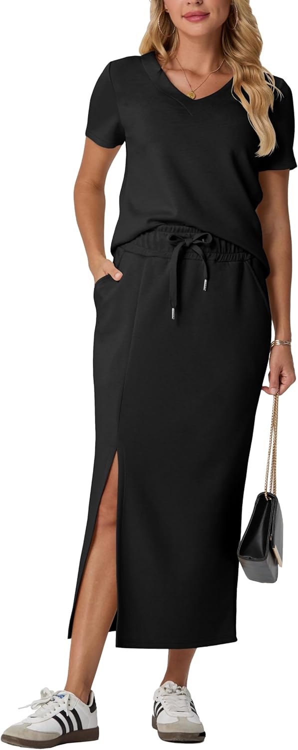 GRECERELLE Women Summer Casual 2 Piece Sets V-Neck Wrinkle-Free Top & Elastic Waist Midi Side Slit Skirt with Pockets(XS-3XL)