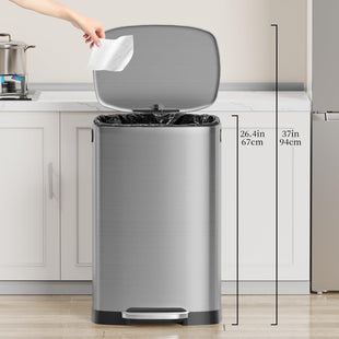 13 Gallon Trash Can with Lid, 50L Fingerprint Proof Stainless Steel Kitchen Trash Can with Removable Inner Bucket and Lid Soft Close, Pedal Rubbish Bin for Home Office（Silver）