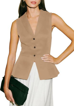 Mina Self Sleeveless Vest Blazer for Women 2024 Khaki Summer Lightweight Light Weight Fashion Dressy Casual Trendy Petite Fitted Work Office Professional Business Womens Blazers Vests Tops Jackets
