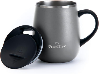 GRANDTIES Insulated Coffee Mug with Handle–Sliding Lid for Splash-Proof 16oz Wine-Glass Shape Thermal Tumbler with Double Walled Vacuum Stainless Steel to Keeps Beverages Hot or Cold-Cognac Metallic