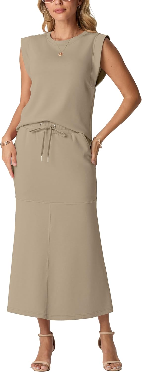 GRECERELLE Women Summer 2 Piece Sets Round Neck Wrinkle-Free Top & Elastic Waist Midi Fishtail Skirt with Pockets(XS-3XL)