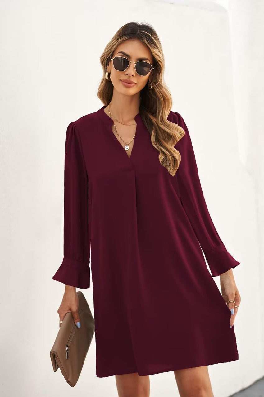 QACOHU Fall Dresses for Women 2025 Casual V Neck Long Sleeves Flowy Mini Tunic Dress