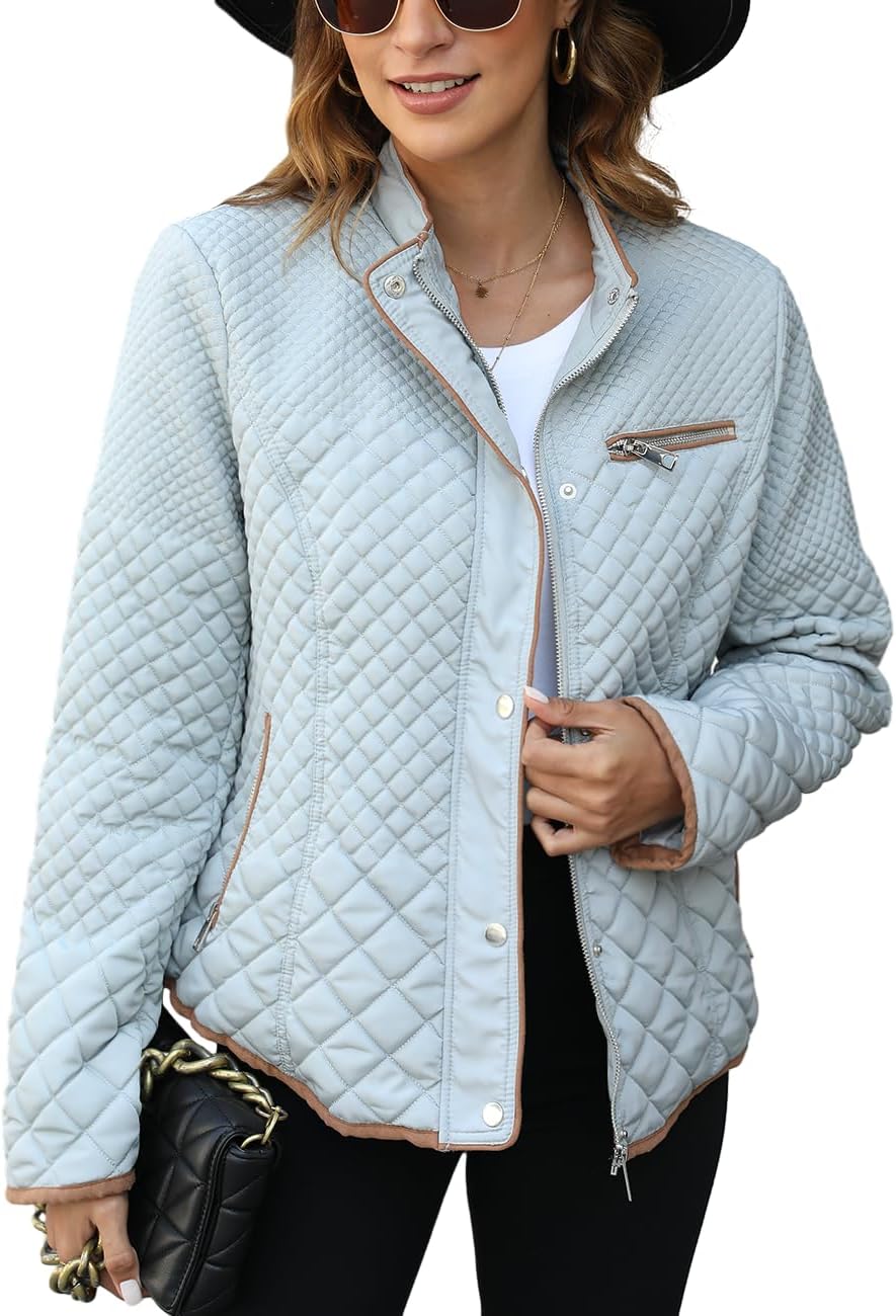 Bellivera Women's Stand Collar Lightweight Quilted Puffer Jacket Padded Zip Coat for Spring and Winter