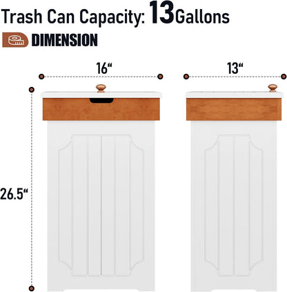 Function Home Trash Can Cabinet, 13 Gallon Kitchen Garbage Can, Wooden Recycling Trash Bin, Dog Proof Trash Can, Trash Cabinet with Lid for Home Kitchen Bathroom, White