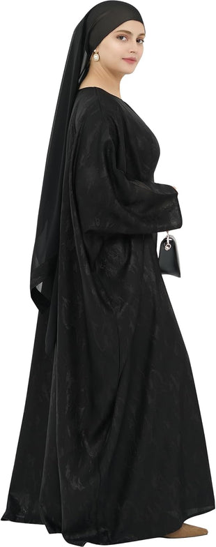 Elegant Eid Clothes Women Muslim Glossy Batwing Sleeve Abaya Ramadan Prayer Dress with Belt