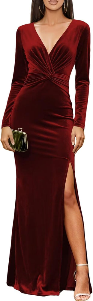 2026 V Neck Long Sleeve Bridesmaid Dresses for Women Velvet Pleated Corset Formal Gown SH005