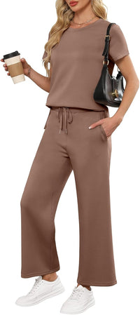 ANRABESS Women 2 Piece Lounge Sets Summer Travel Sweat Outfits Short Sleeve Wide Leg Casual Matching Tracksuits Clothes