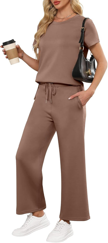 ANRABESS Women 2 Piece Lounge Sets Summer Travel Sweat Outfits Short Sleeve Wide Leg Casual Matching Tracksuits Clothes