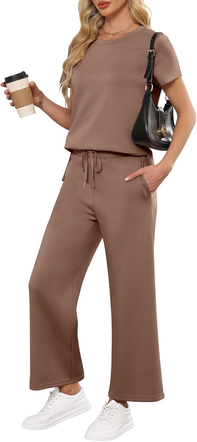 ANRABESS Women 2 Piece Lounge Sets Summer Travel Sweat Outfits Short Sleeve Wide Leg Casual Matching Tracksuits Clothes