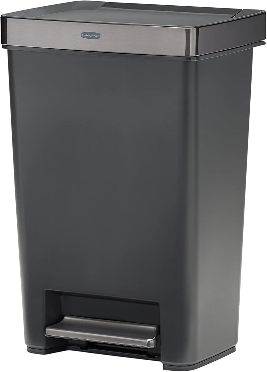 Rubbermaid Premier Series III Step-On Trash Can for Home and Kitchen, with Stainless Steel Rim, 12.4 Gallon, Charcoal, for Home/Kitchen/Garage/Apartment/Office