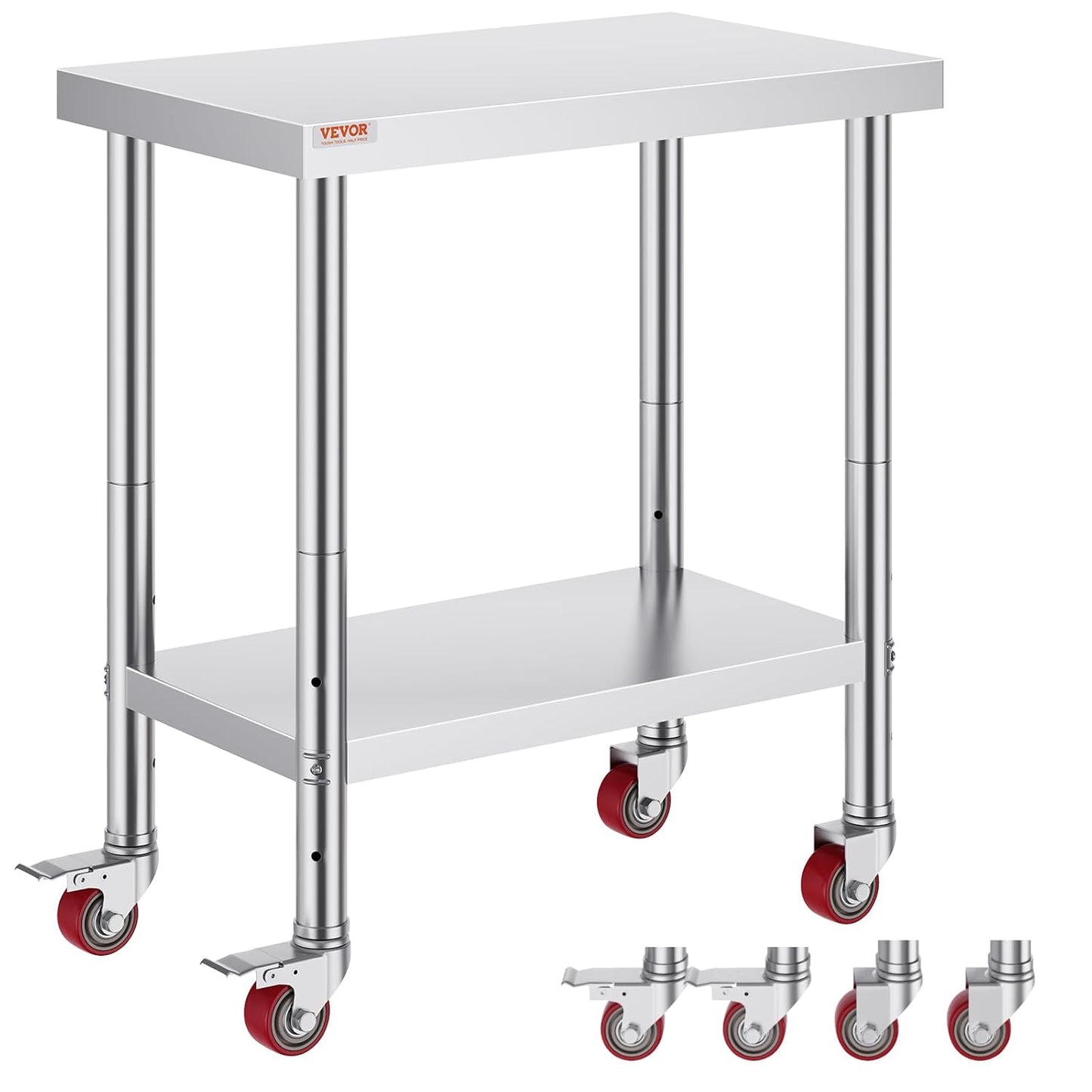 Vevor Mophorn Stainless Steel Work Table 36x24 Inch with 4 Wheels, Casters Heavy Duty Food Prep Worktable for Commercial Kitchen Restaurant, Silver