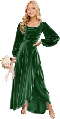Long Sleeve Junior Bridesmaid Dresses Velvet Flower Girl Dress for Wedding Party Pageant Gown with Ruffle