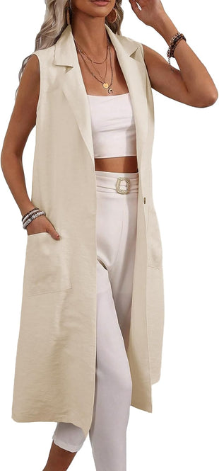Mina Self 2025 Summer Sleeveless Long Linen Blazers Jacket Women Lightweight Fashion Casual Work Outerwear with Pockets