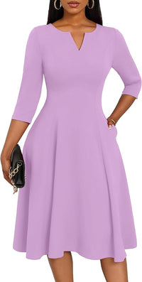 Nmoder Midi Dresses for Women A-Line Fit and Flare Dress 3/4 Sleeve V Neck Cocktail Wedding Guest Work Dress with Pockets