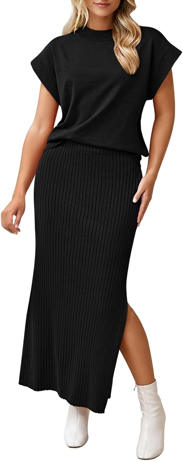 Pink Queen Women's 2 Piece Sweater Outfits Set Summer Cap Sleeve Tops Bodycon Maxi Long Skirt Knit Dresses