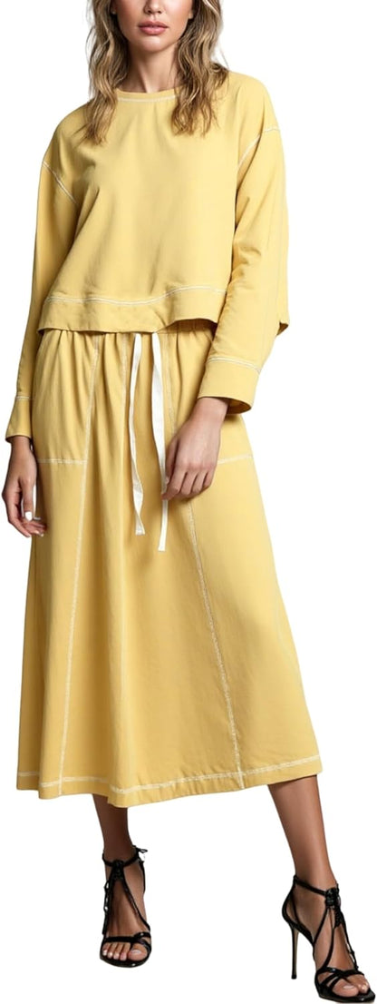 Women’s 2 Piece Skirt Sets Long Sleeve Crewneck Pullover Tops Drawstring Midi Skirt Lounge Set Fall Outfits