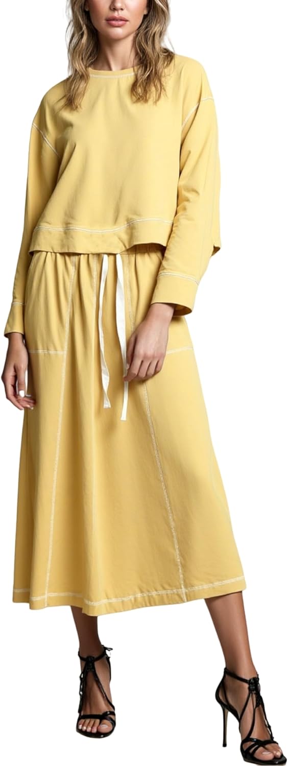 Women’s 2 Piece Skirt Sets Long Sleeve Crewneck Pullover Tops Drawstring Midi Skirt Lounge Set Fall Outfits