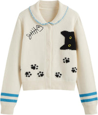 CIDER Cardigan Sweater for Women Knitted Long Sleeve Collared Cat Cute Pattern Button Down Crop Tops