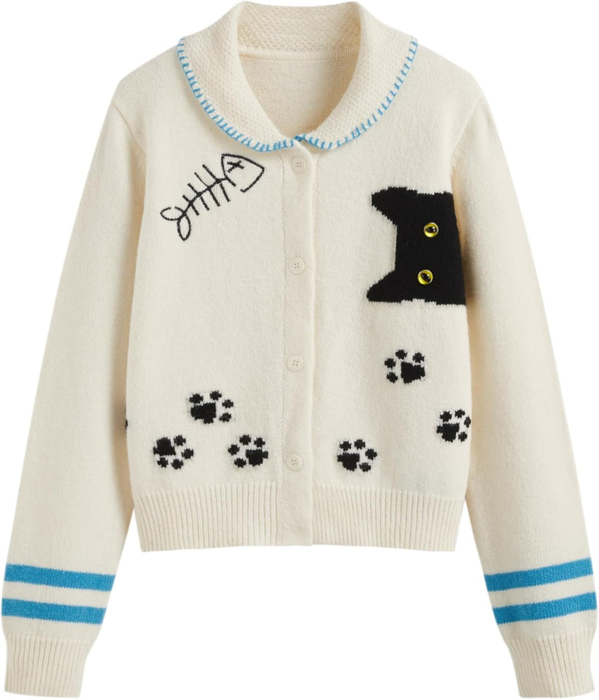 CIDER Cardigan Sweater for Women Knitted Long Sleeve Collared Cat Cute Pattern Button Down Crop Tops