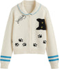 CIDER Cardigan Sweater for Women Knitted Long Sleeve Collared Cat Cute Pattern Button Down Crop Tops