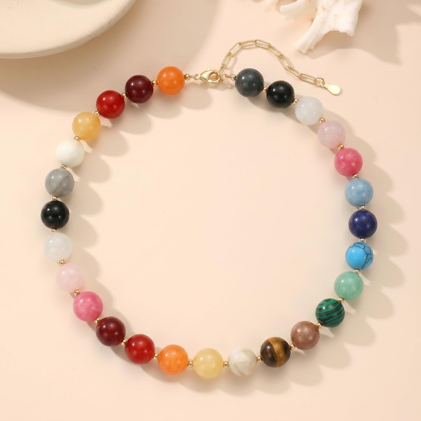 Colorful Beaded Necklace for Women Boho Statement Chunky Necklace Natural Stone Beads Gemstone Choker Necklaces Handmade Summer Beach Jewelry