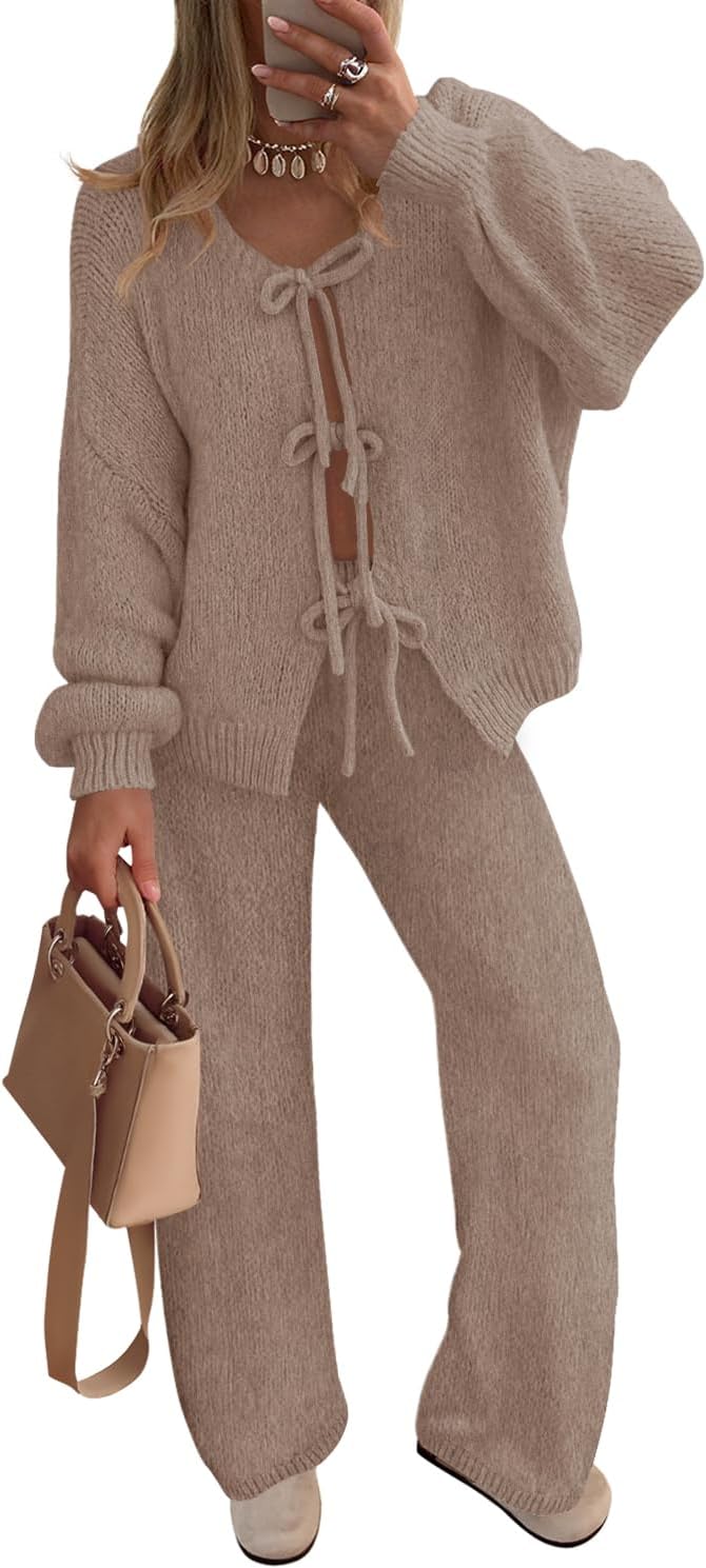 ZESICA Women's 2 Piece Outfits Lounge Pajama Sets 2025 Fall Long Sleeve Cardigans Wide Leg Pants Matching Winter Clothes
