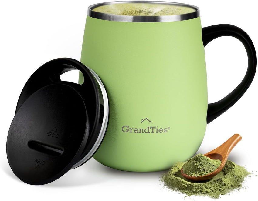 GRANDTIES Insulated Coffee Mug with Handle–Sliding Lid for Splash-Proof 16oz Wine-Glass Shape Thermal Tumbler with Double Walled Vacuum Stainless Steel to Keeps Beverages Hot or Cold-Cognac Metallic