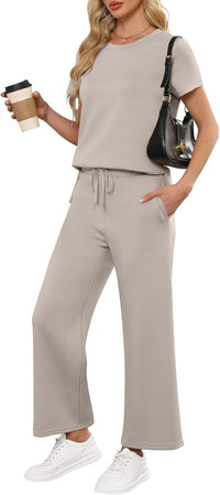 ANRABESS Women 2 Piece Lounge Sets Summer Travel Sweat Outfits Short Sleeve Wide Leg Casual Matching Tracksuits Clothes