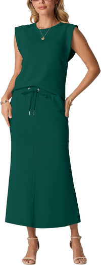 GRECERELLE Women Summer 2 Piece Sets Round Neck Wrinkle-Free Top & Elastic Waist Midi Fishtail Skirt with Pockets(XS-3XL)
