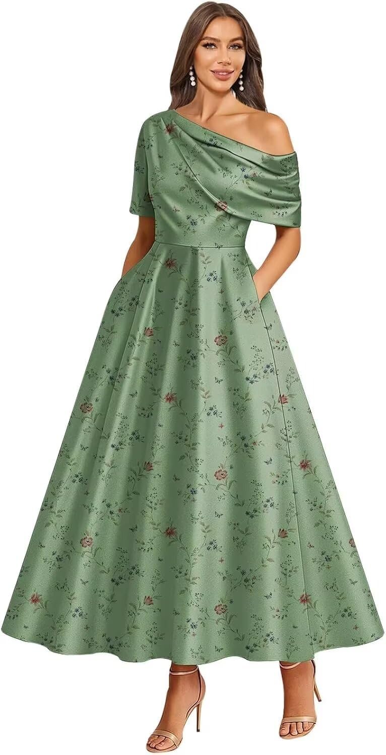 Tea Length Mother of Bride Dresses for Women Satin One Shoulder Wedding Guest Dress Formal Evening Party Gown with Pocket