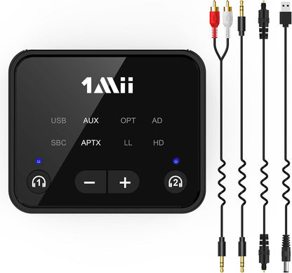 1Mii Bluetooth 5.3 Transmitter for TV to 2 Wireless Headphones, Long Range 100ft Bluetooth Adapter for TV aptX Low Latency& HD/Volume Control, Optical/USB/AUX/RCA Audio Inputs