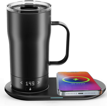 Smart Self Heating Coffee Mug 18 Oz Temperature Control Heated Coffee Mug App Controlled Warmer Mug 5-10 Hour LED Display Keep Coffee Hot All Day Fast Wireless Charger Base Jade Green