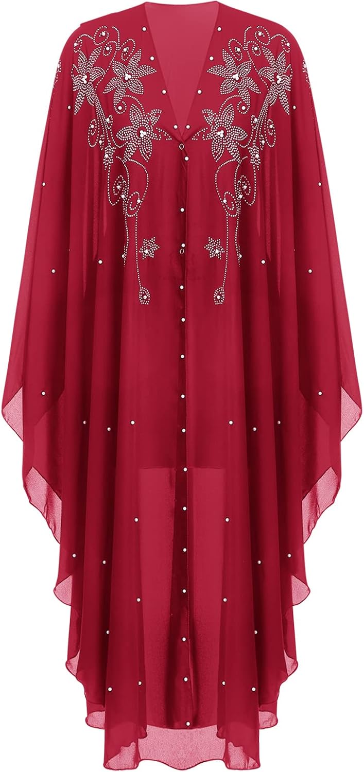 OBEEII Muslim Dress for Women Loose Batwing Sleeved Hooded Beaded Embroidery Long Abaya Dress Kaftan Abayas Islamic Robe