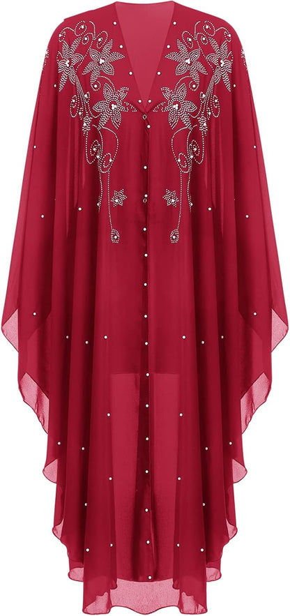 OBEEII Muslim Dress for Women Loose Batwing Sleeved Hooded Beaded Embroidery Long Abaya Dress Kaftan Abayas Islamic Robe