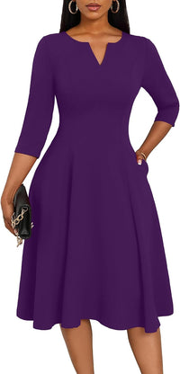 Nmoder Midi Dresses for Women A-Line Fit and Flare Dress 3/4 Sleeve V Neck Cocktail Wedding Guest Work Dress with Pockets