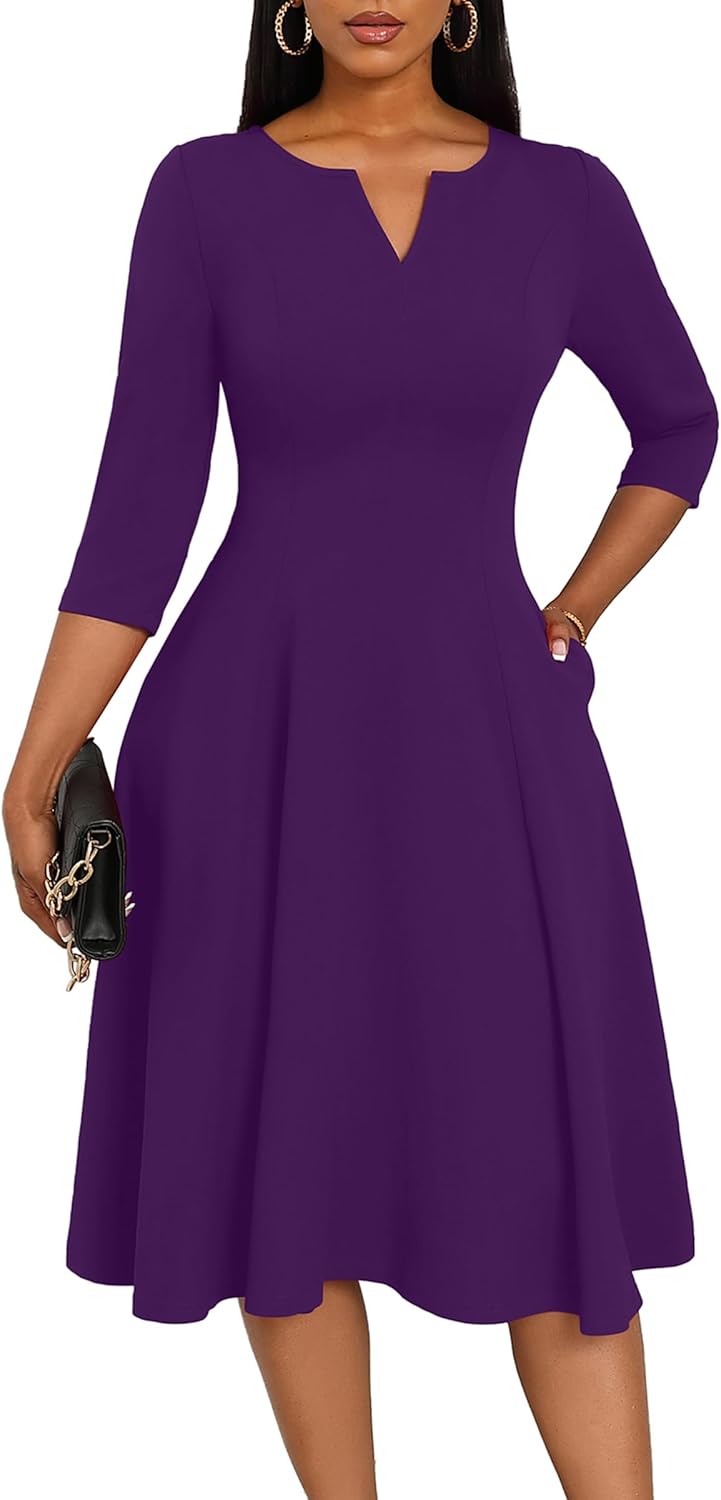 Nmoder Midi Dresses for Women A-Line Fit and Flare Dress 3/4 Sleeve V Neck Cocktail Wedding Guest Work Dress with Pockets