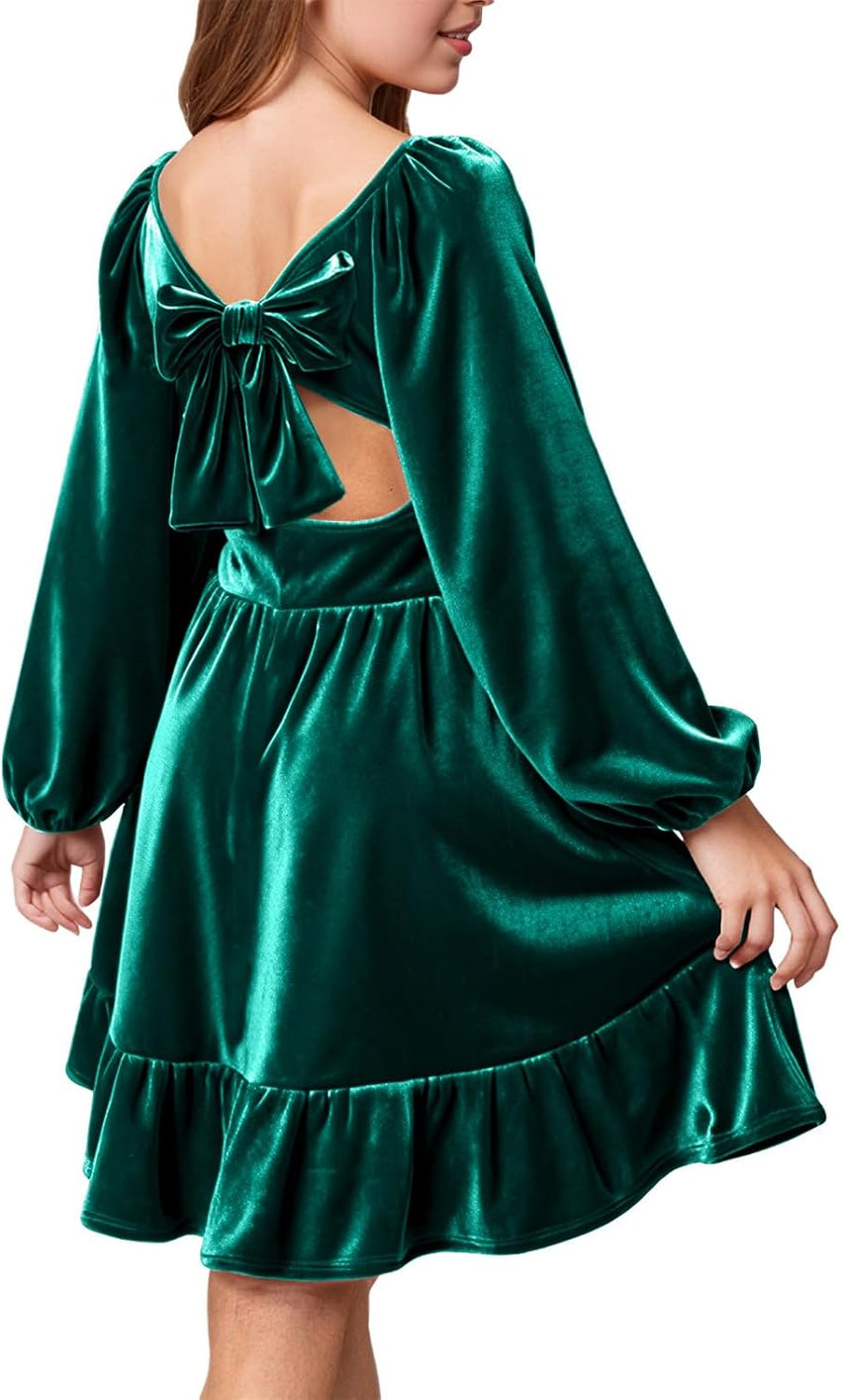 Girls Christmas Dress Fall Velvet Tie Back Long Sleeve Elegant Party Gifts for Outfits Kids Teen Winter Dresses