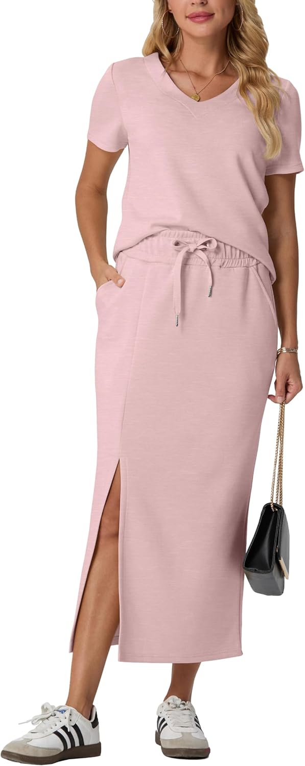 GRECERELLE Women Summer Casual 2 Piece Sets V-Neck Wrinkle-Free Top & Elastic Waist Midi Side Slit Skirt with Pockets(XS-3XL)