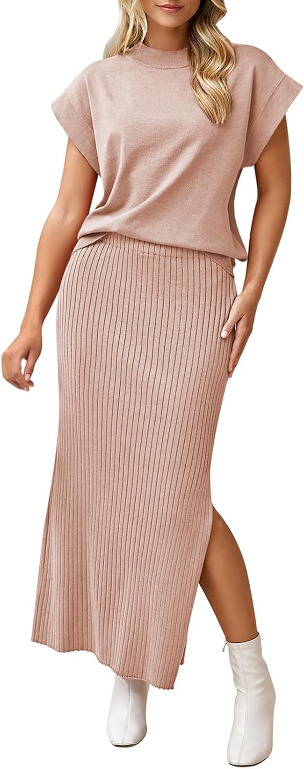 Pink Queen Women's 2 Piece Sweater Outfits Set Summer Cap Sleeve Tops Bodycon Maxi Long Skirt Knit Dresses