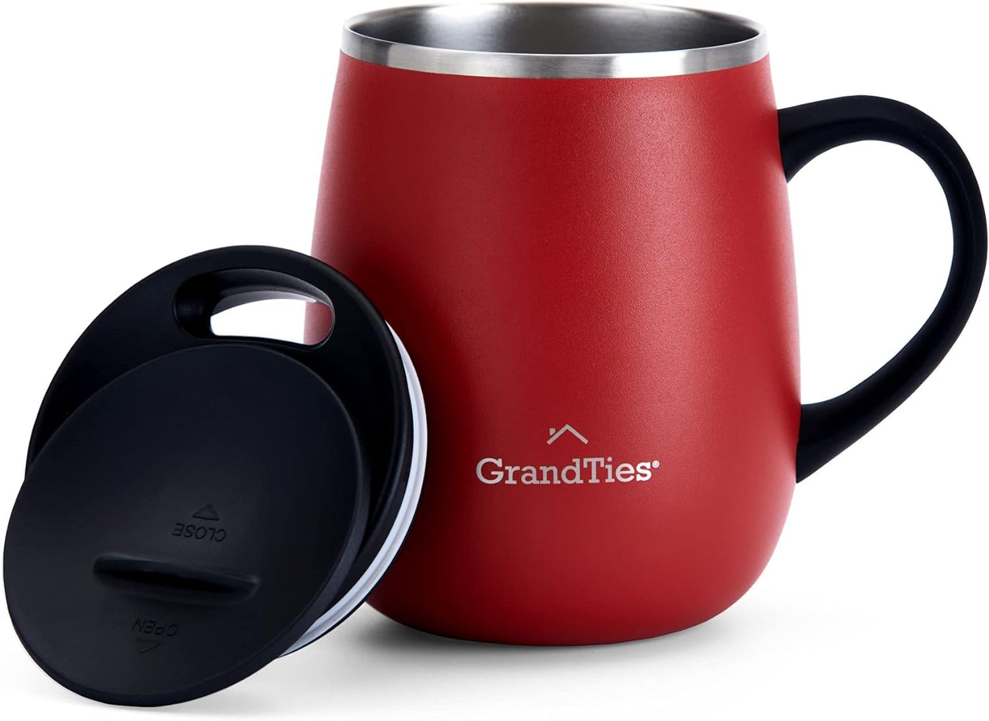 GRANDTIES Insulated Coffee Mug with Handle–Sliding Lid for Splash-Proof 16oz Wine-Glass Shape Thermal Tumbler with Double Walled Vacuum Stainless Steel to Keeps Beverages Hot or Cold-Cognac Metallic