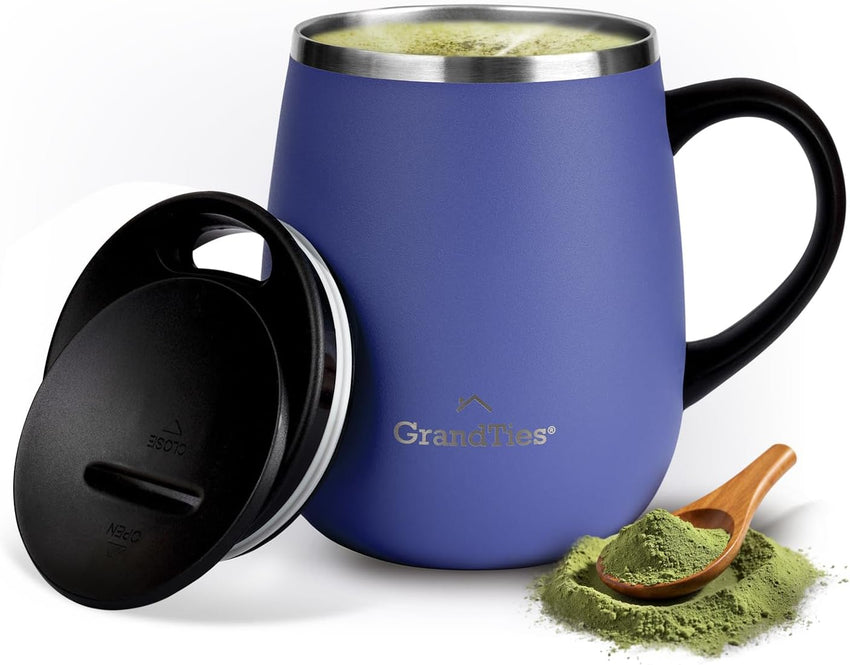 GRANDTIES Insulated Coffee Mug with Handle–Sliding Lid for Splash-Proof 16oz Wine-Glass Shape Thermal Tumbler with Double Walled Vacuum Stainless Steel to Keeps Beverages Hot or Cold-Cognac Metallic